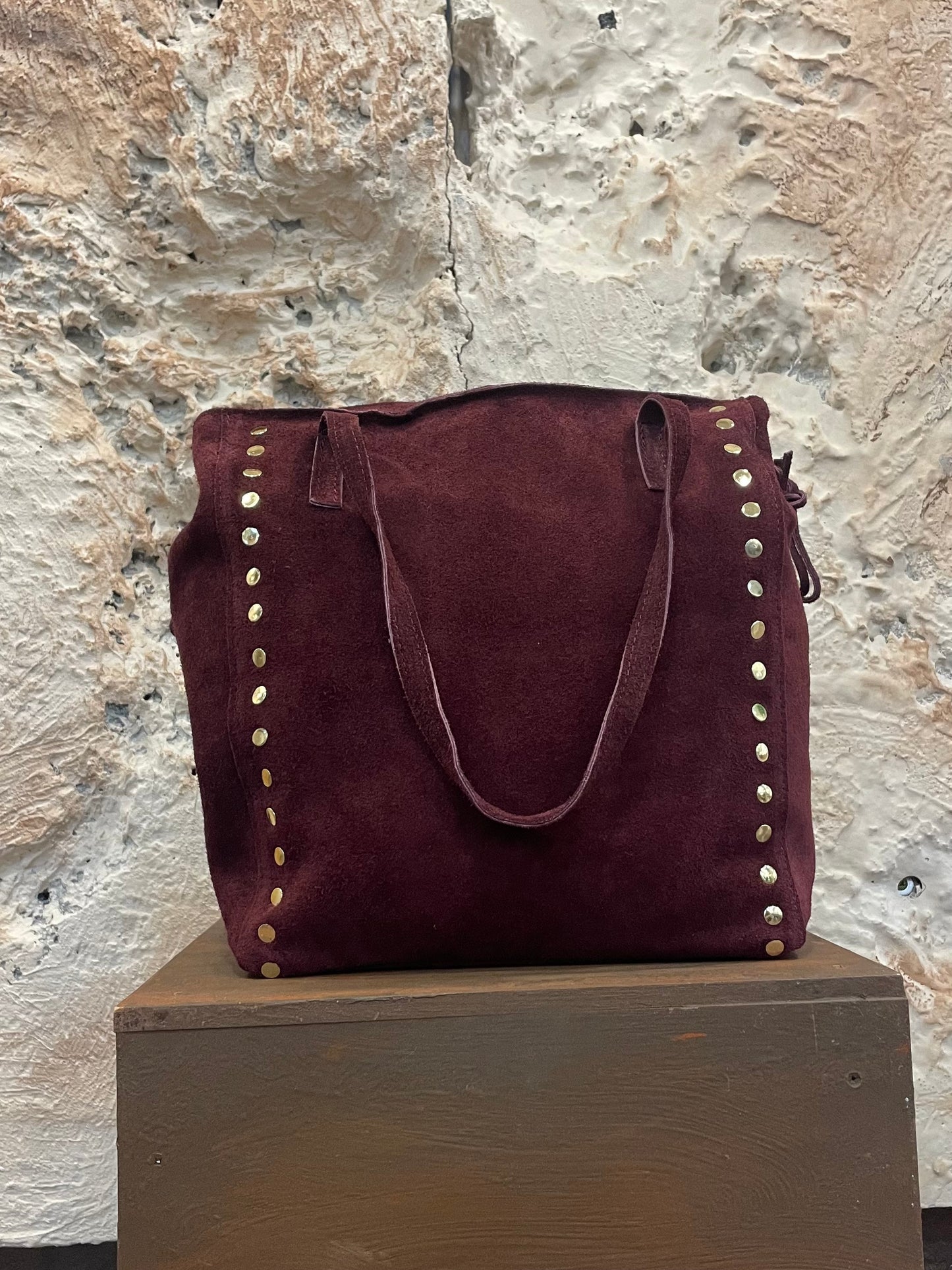 BOLSO SHOPPER PIEL TACHAS BURDEOS