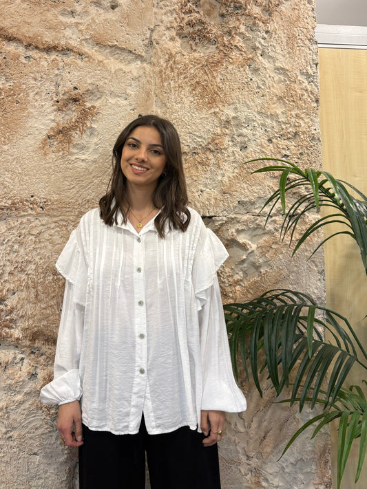 CAMISA CUELLO RIZO VOLANTES BLANCO